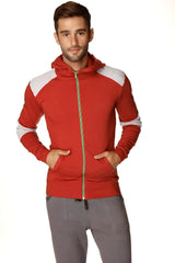 Red and white color-blocked form-fit crossover yoga track hoodie with gold zipper in cinnabar grey for performance