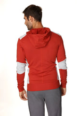Form-fit crossover yoga track performance hoodie in cinnabar grey red and white with contrasting shoulder sleeve and side panels