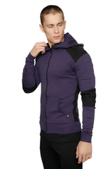 Form-fit crossover yoga track performance hoodie in eggplant and black with zip-up and contrasting shoulder panels