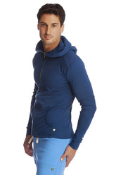 Navy blue form-fit crossover yoga track performance hoodie with zip front and subtle textured fabric for activewear