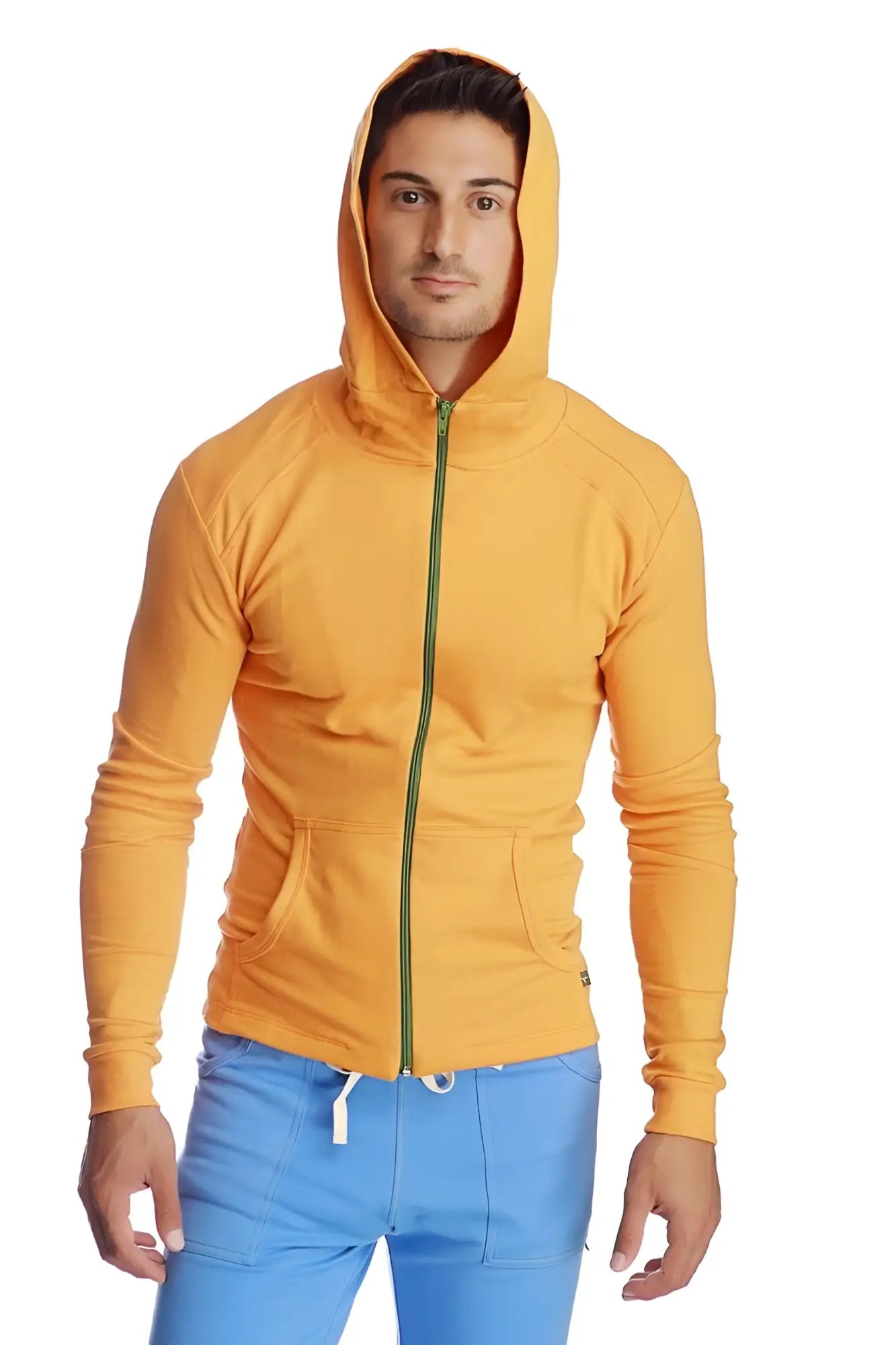 A form-fit crossover yoga track hoodie in vibrant yellow with a green zipper and white drawstrings for performance use