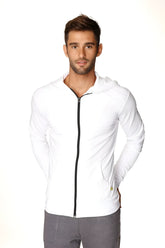 Form-fit crossover yoga track performance hoodie in white with black zipper and subtle side pockets for active wear