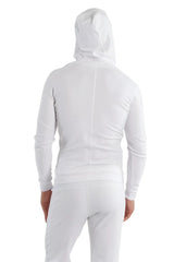 Form-fit crossover yoga track performance hoodie in white with green zipper featuring sleek long sleeves and a hood