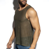 Olive green formentera retro tank top featuring breathable mesh material and a sleeveless design for casual wear