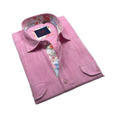 Freddy l/s buttondown pink linen shirt with floral inner lining and collar featuring sunny brand label