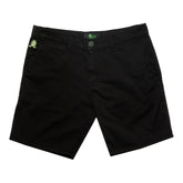 Black chino shorts featuring neon green frog embroidery on the left pocket and matching logo tag at the waistband