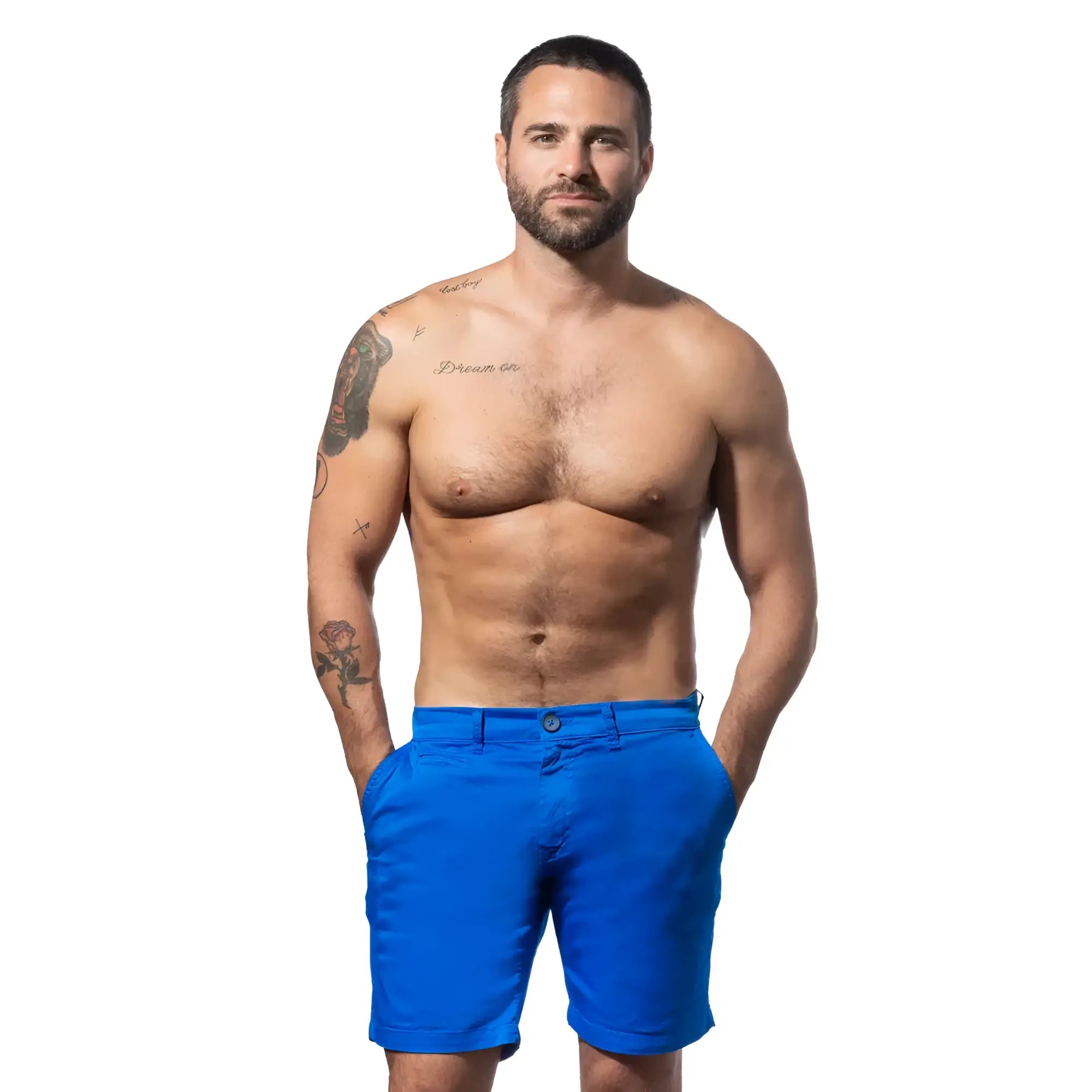 Bright blue frog chino short with classic button and flap closure perfect for casual summer wear