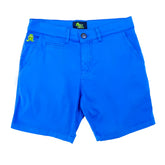 Bright blue frog chino short with green frog embroidery on thigh and black brand tag at waistband