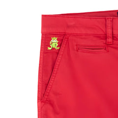 Bright red frog chino short featuring a small embroidered green frog wearing a crown on the front pocket