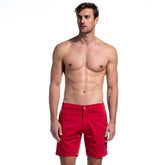 Red frog chino short with button closure and belt loops in durable cotton material