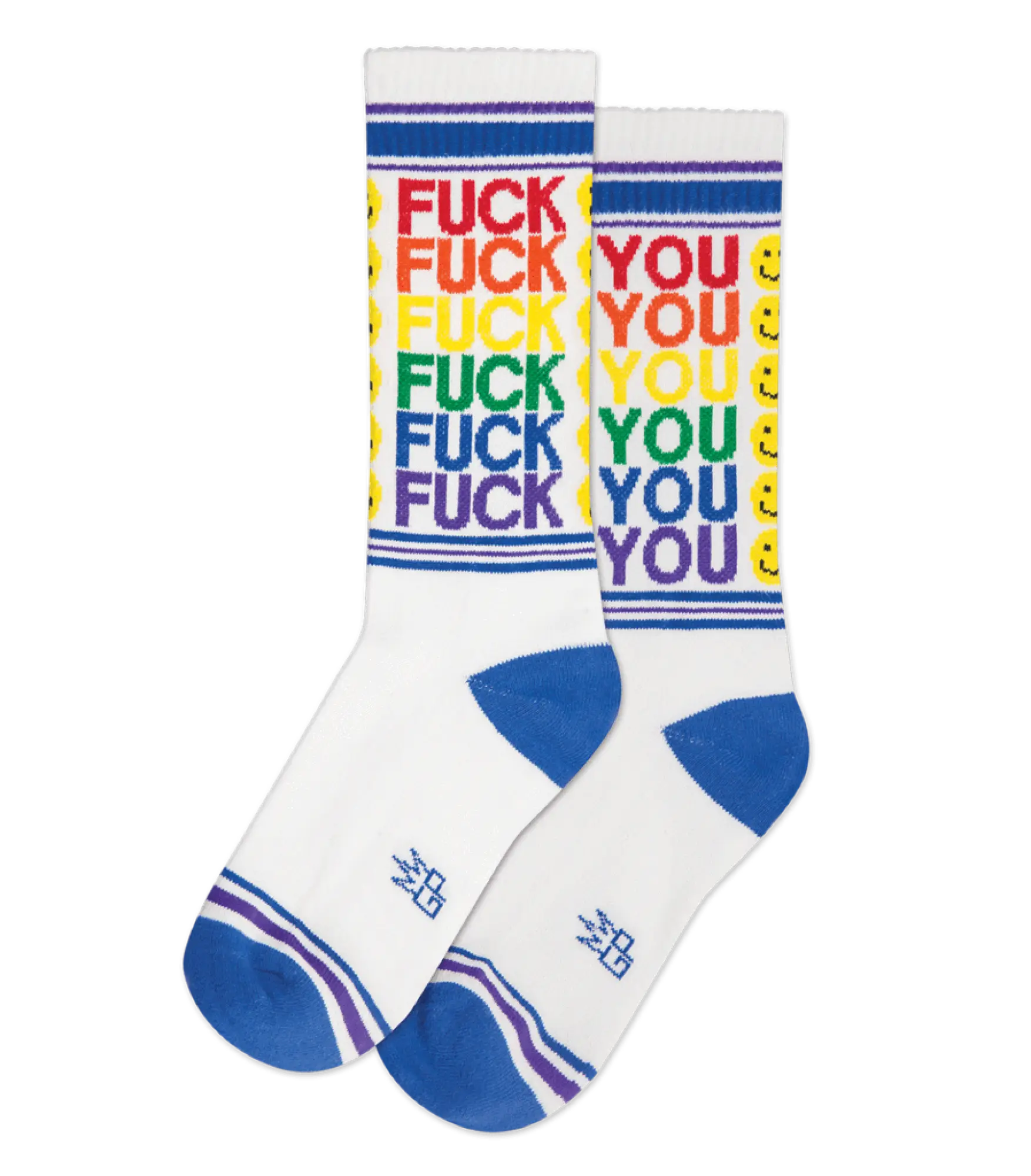 White crew socks with rainbow fuck you text and smiley faces, featuring blue toe caps and striped cuffs from fu smiley face crew socks