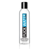 Clear plastic bottle with black cap and blue and black label reading fuck water clear water-based personal lubricant