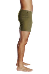 Olive green ribbed cotton boxer shorts with a small black logo on the waistband fusion yoga short army green