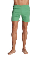 Fusion yoga short bamboo green relaxed fit green cotton shorts with button closures at the waist