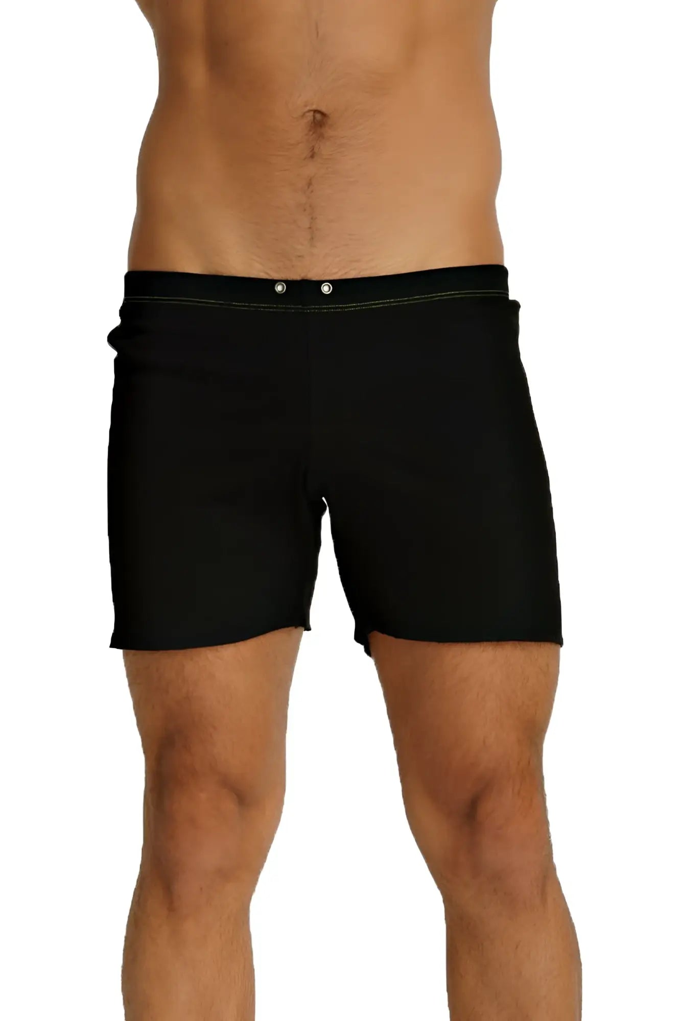 Black fusion yoga short swim trunks with sleek minimalist design and subtle white stitching along the waistband