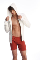 White hooded zip-up jacket with contrasting dark zipper trim ideal for activewear and layering