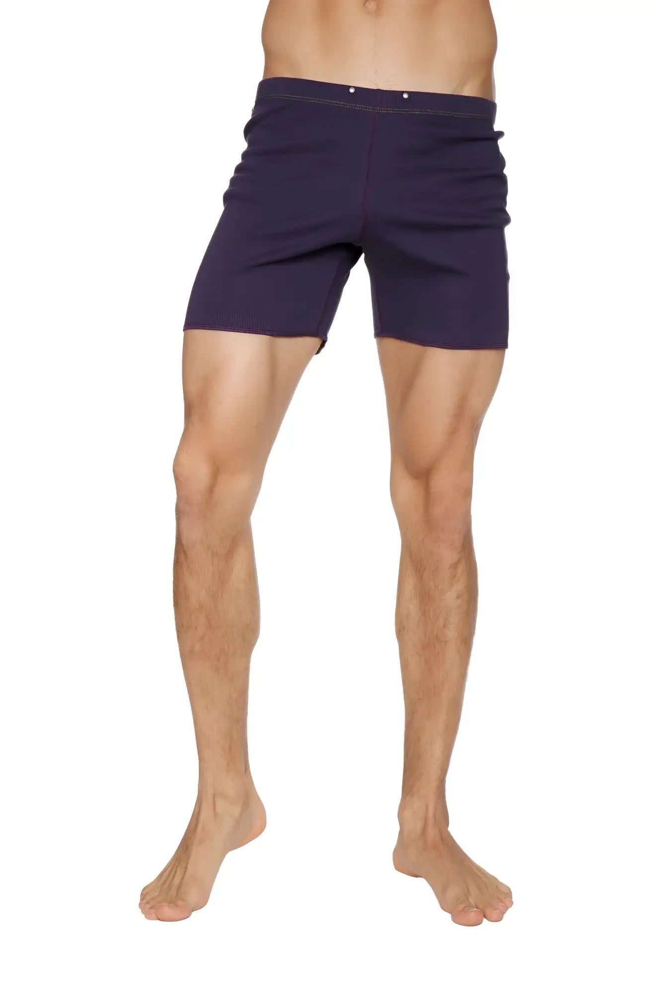 Fusion yoga short eggplant navy blue cotton shorts with simple tailored fit and button closure at the waist