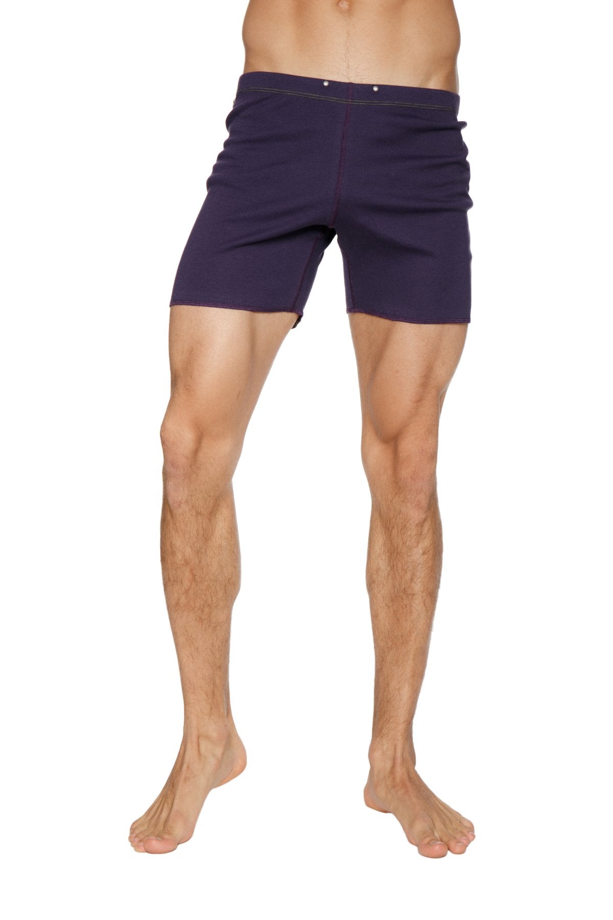 Fusion yoga short eggplant navy blue cotton shorts with simple tailored fit and button closure at the waist