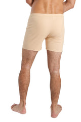 Beige stretchy fusion yoga short briefs with smooth seamless design for comfortable activewear use
