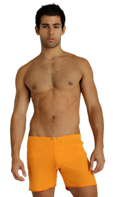 Bright orange fusion yoga short swim trunks with simple clean design and two front button closures