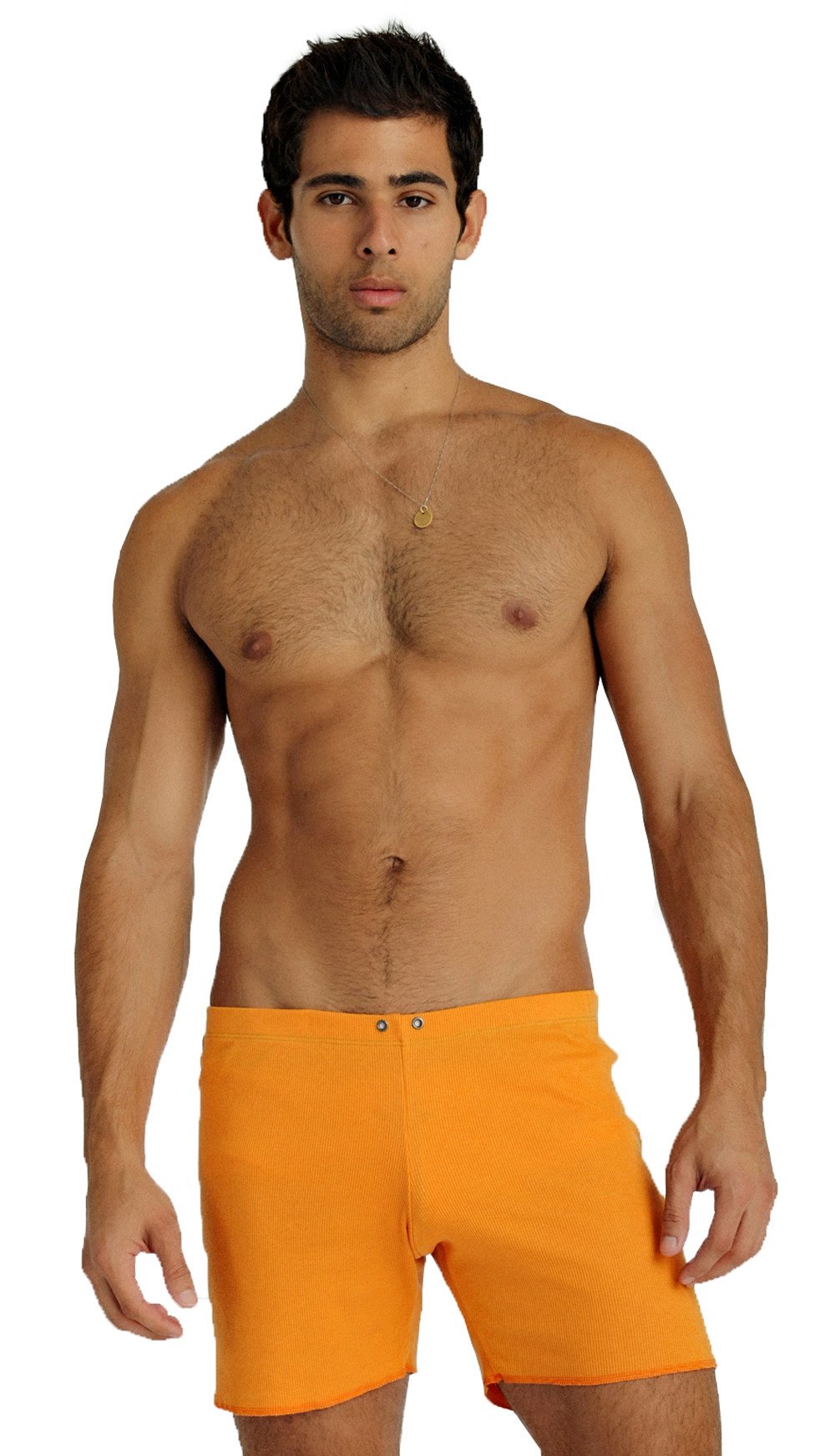Bright orange fusion yoga short swim trunks with simple clean design and two front button closures