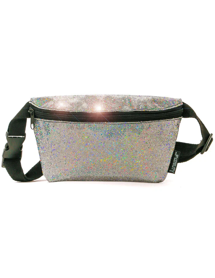 Glitter ultra slim fanny pack in silver holographic material with black zipper and adjustable strap for hands-free use