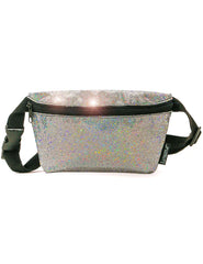 Glitter ultra slim fanny pack in silver holographic material with black zipper and adjustable strap for hands-free use