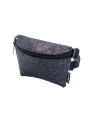 Black glittery ultra slim fanny pack with zipper closure and adjustable strap for hands-free carrying
