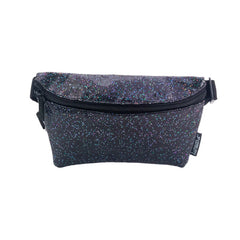 Black glitter ultra slim fanny pack with subtle iridescent sheen and black zipper for stylish hands-free storage