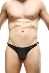 Black ql brand g-string aprey recycled thong with silver metallic side clips and small red logo on waistband