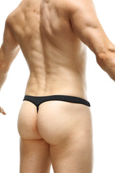 Black g-string aprey recycled made of smooth stretchy fabric with minimalist design shown from the back side