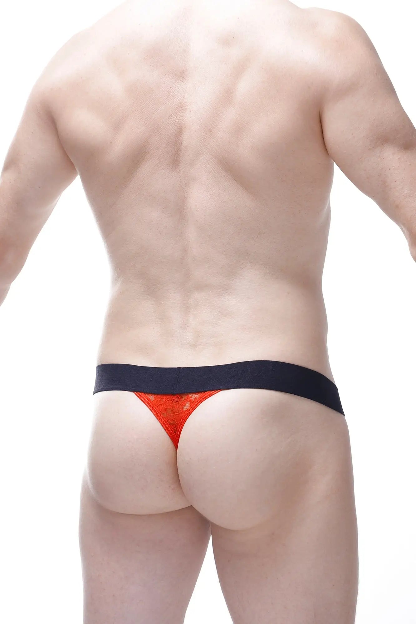 Orange lace g-string aubiat with black waistband featuring delicate lace design for stylish lingerie wear