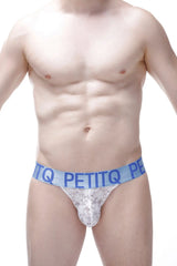 White lace g-string aubiat thong with light blue elastic waistband featuring petitq brand name in bold lettering