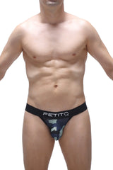 Black and blue camouflage petitq men’s g-string briefs with black waistband and white aubiat branding