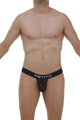 Black mesh g-string chanac durtol briefs with solid black petitq logo waistband visible in the front