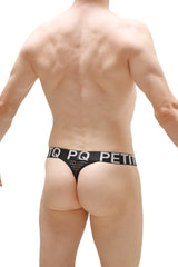 Black mesh thong g-string chanac durtol black with solid black waistband and white pq petit text