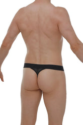 Black g-string chanac durtol featuring mesh panel and small embellishments shown from the back side