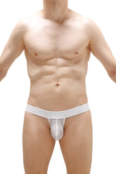 White sheer mesh g-string briefs chanac net with solid white waistband shown from the back side