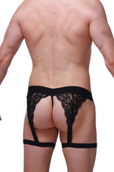 Black lace garter belt with intricate floral patterns and matching straps from g-string Lurris black collection