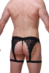 Black lace garter belt with intricate floral patterns and matching straps from g-string Lurris black collection