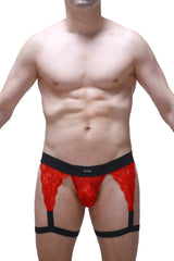 Red lace men’s g-string briefs with black elastic waistband and leg straps featuring bold patterned design