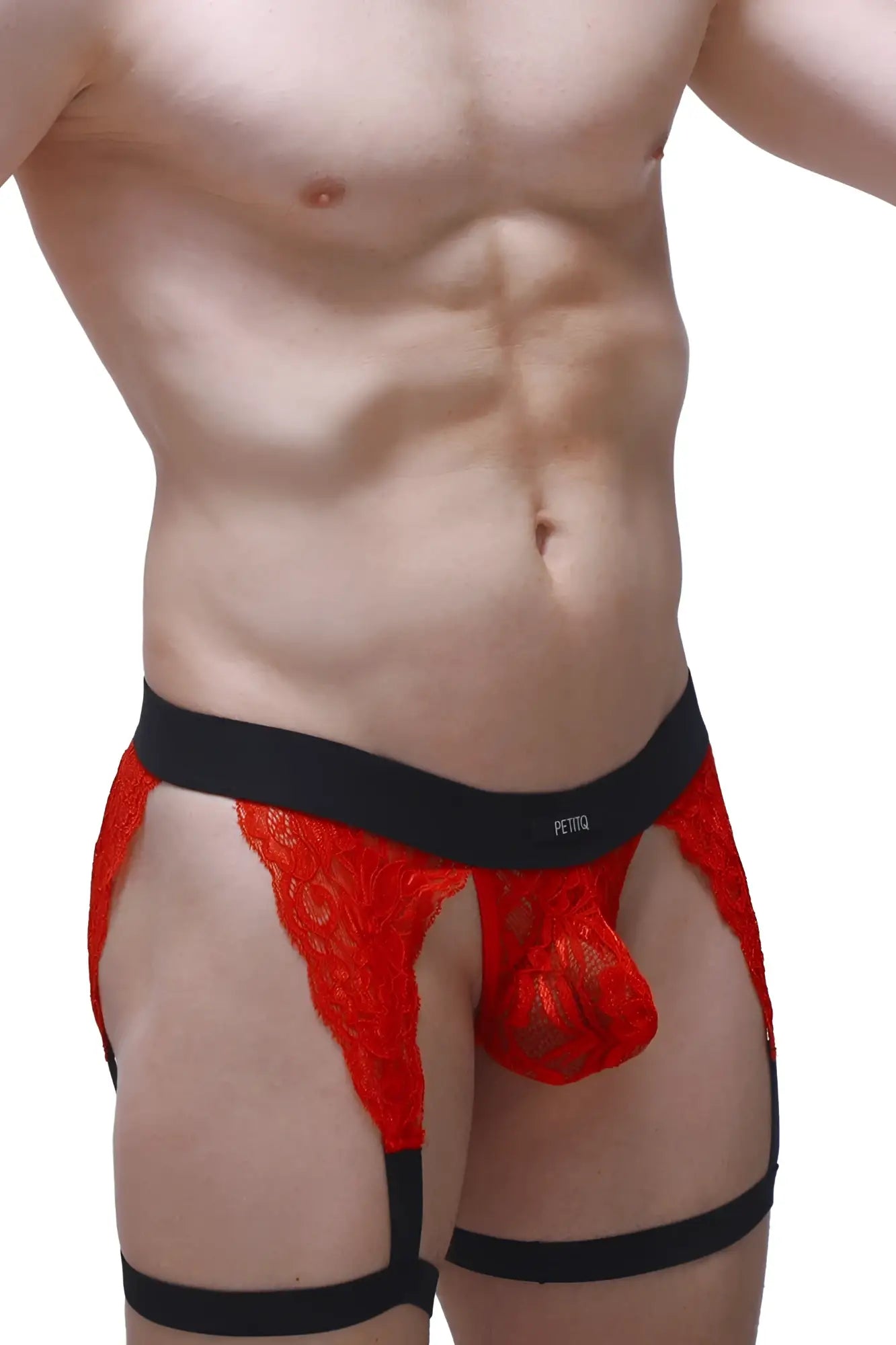 G-string lurris lace red men’s underwear in red lace with black elastic waistband and petito branded label