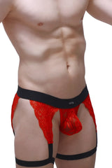 G-string lurris lace red men’s underwear in red lace with black elastic waistband and petito branded label