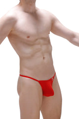 Red form-fitting metal heart g-string thong with a small logo on the side shown from the back