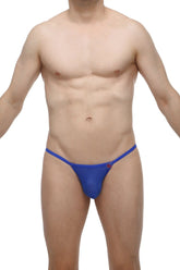 Blue mesh g-string thong with a small red logo on the side from the pearl macra collection
