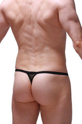 Black mesh g-string roppe thong with a thin solid band shown from the back side
