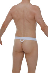 White g-string saleon rib showing back side with thin waistband and small metal ring in center