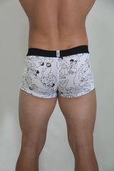 White boxer briefs gay karmasutra trunk with black figure line drawings and solid black waistband front view