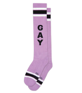 Lavender knee high socks with bold black gay lettering and contrasting white and black striped accents