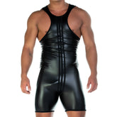 Black glossy vinyl one-piece athletic suit with central zipper and ribbed detailing gigo 2 fetiche black singlet